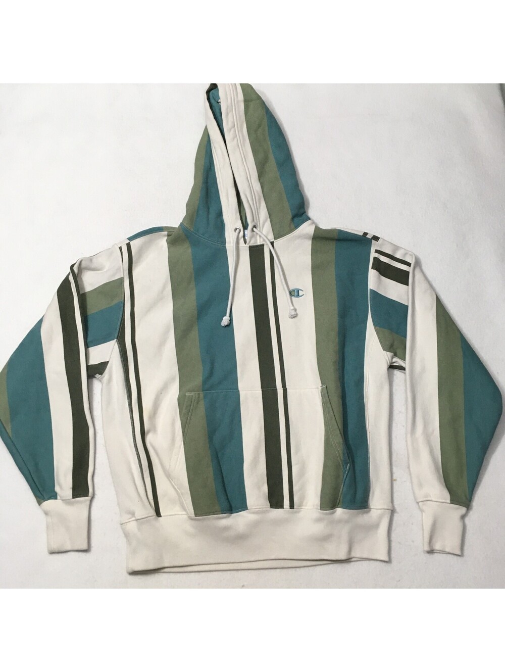 Champion Reverse Weave Striped Hoodie large Pullover Sweatshirt Green White